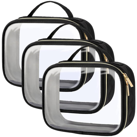 PACKISM TSA Approved Toiletry Bag, 3 Pack Clear Makeup Bags with Handle Large Opening, Clear Toiletry Bags Fit Carry-on Travel Essentials, Quart-sized Travel Bags for Toiletries, Black