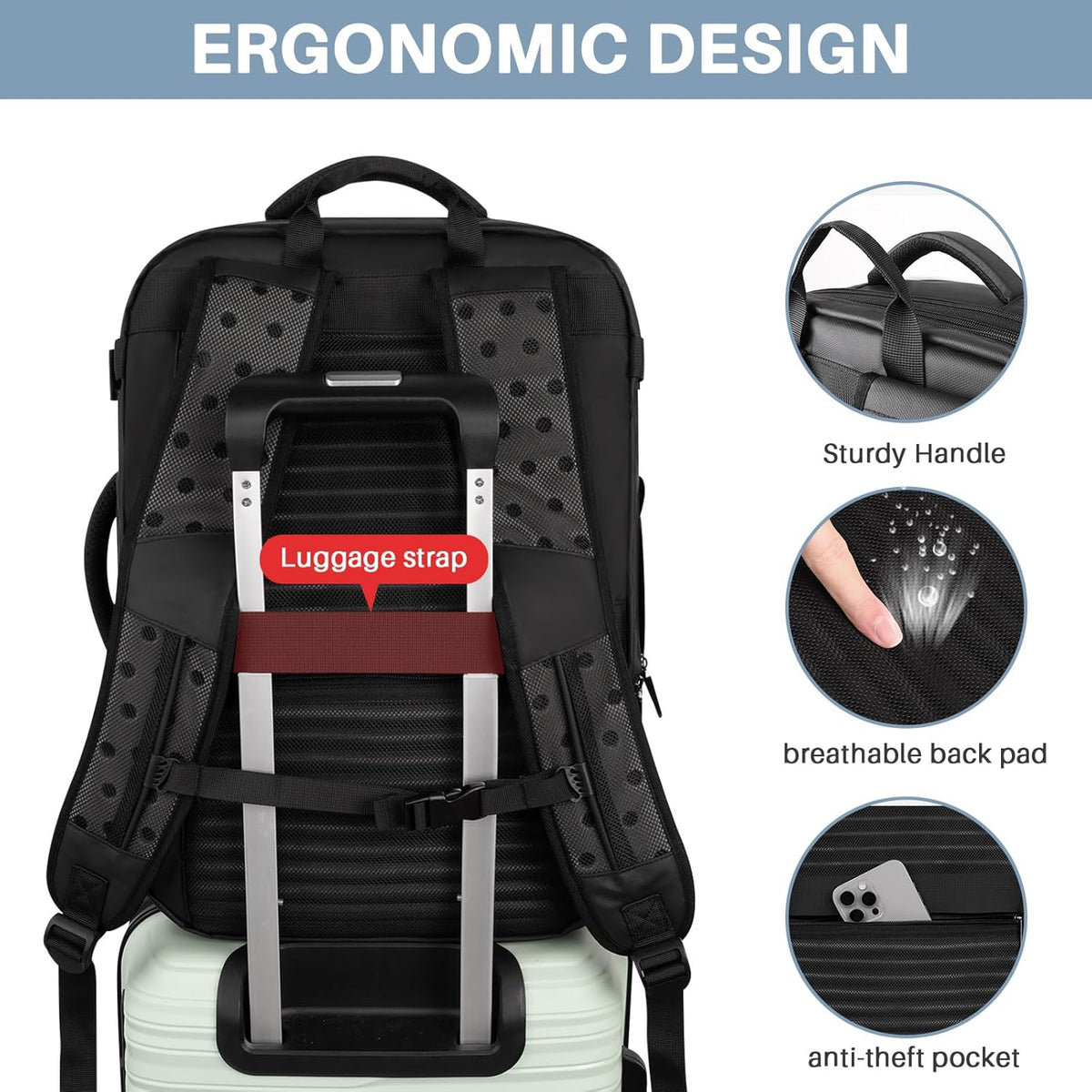 Travel Backpack Carry On Flight Approved, Lightweight Large Travel Backpack, Expandable with USB Charging Hole, Waterproof Causal Bookbag for Travel Work College Fits 17 inch Laptop, Black