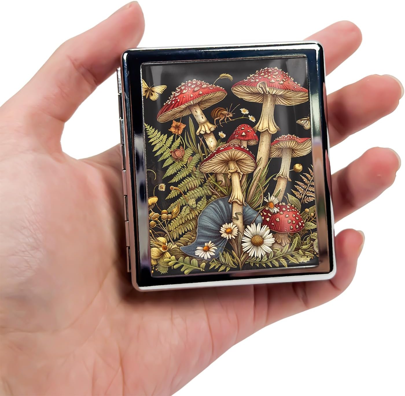 8‑Compartment Metal Pill Box Organizer – Portable Medicine Case 3″×2.6″ | Food‑Grade Dividers | Secure Snap Button Lid | Travel & Gift for Seniors (Enchanted Mushroom Grove)