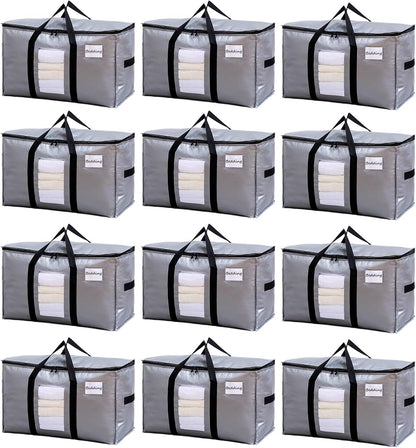 TAILI Extra Large Moving Bags, 12 Pack Silver Heavy Duty Totes For Storage with Visible Window, Wrap Around Handles, Storage Bags for Space Saving, Alternative to Moving Boxes