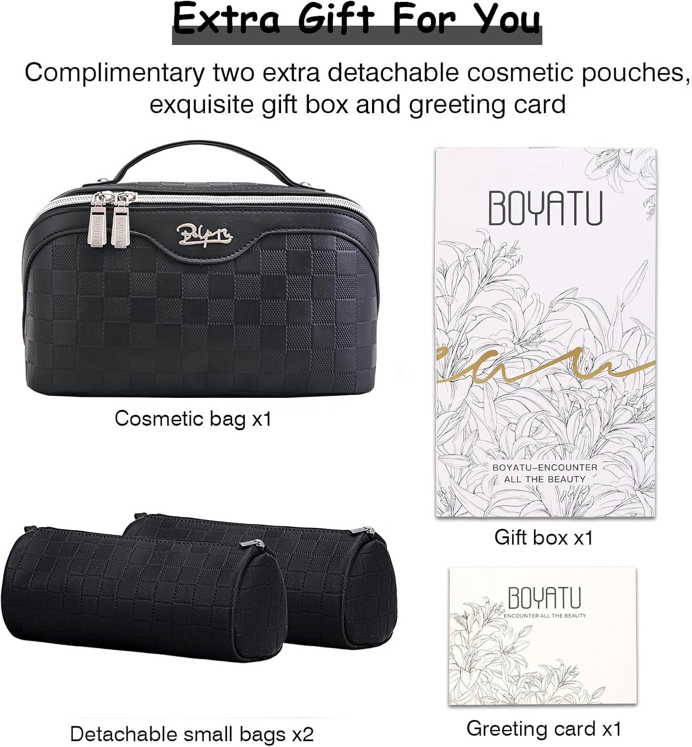 BOYATU Travel Makeup Bag Organizer Cosmetic Bag: 3 Pcs Set Make up Bags for Women with Handle - Waterproof Vegan Leather Toiletry Bags with Comparments (01-Black)