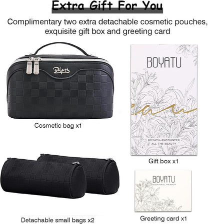 BOYATU Travel Makeup Bag Organizer Cosmetic Bag: 3 Pcs Set Make up Bags for Women with Handle - Waterproof Vegan Leather Toiletry Bags with Comparments (01-Black)
