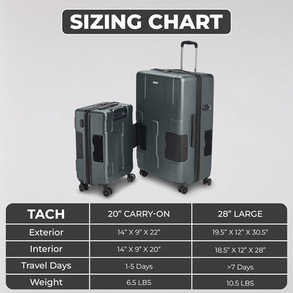 Tach V3.1 Hard Shell 2 Piece Luggage Set - 20 & 28 inch Luggage | Carry On & Large Checked Suitcases | Patented Built-In Connecting System | Rolling Suitcase Links 9 Bags (Grey)