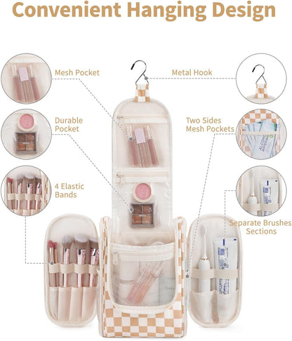 Narwey Small Checkered Hanging Travel Toiletry Bag for Women, Travel Bag for Toiletries, Makeup Bag Organizer Cosmetic Bags Make Up Bags for Women (Light Checkerboard)