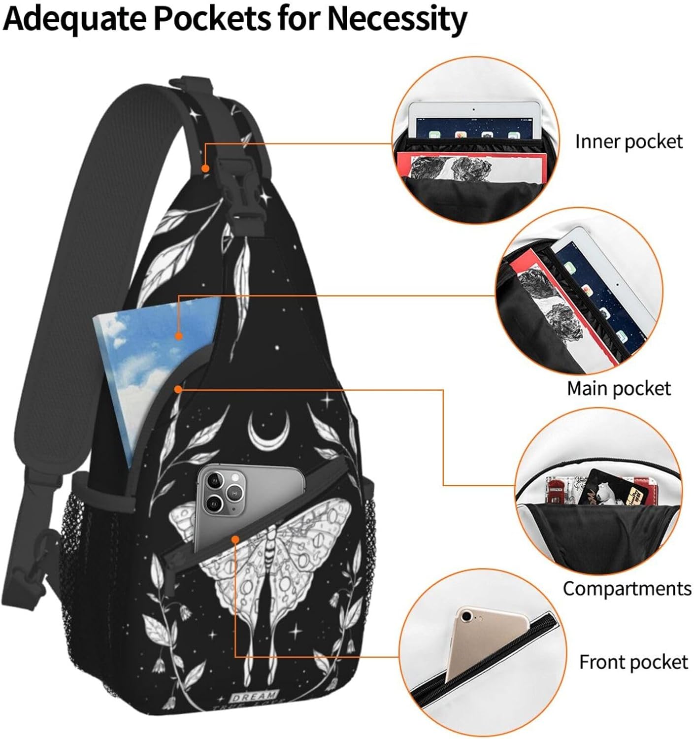 SUPLUCHOM Sling Bag Black White Butterfly Moon Tarot Black White Butterfly Moon Tarot Hiking Daypack Crossbody Shoulder Backpack Travel Chest Pack for Men Women