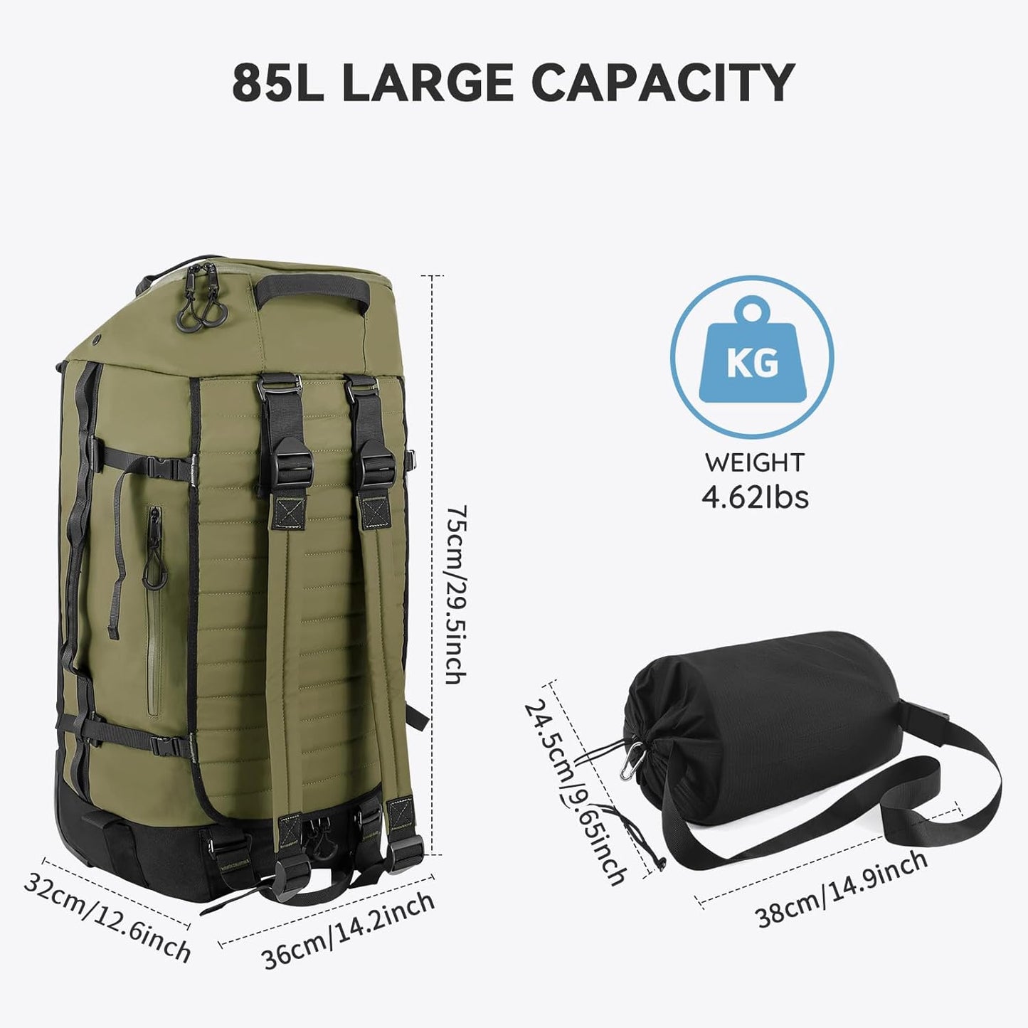 85L 29“ Foldable Rolling Backpack with Wheels, Soft-Side Travel Duffle Bag with Separate Shoe Compartment, Full Quilted Bottom, Army Green