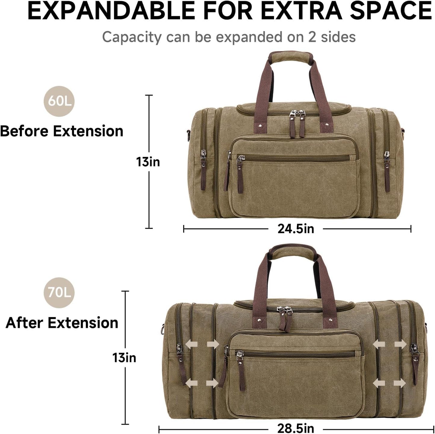 Canvas Expandable Duffle Bag for Men Traveling, Luggage Travel Bag Weekender Overnight Bag,Mens Gym Carry on Duffel Bags