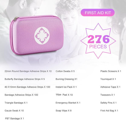 277PCS Compact Emergency First Aid Kit for Car Business Travel Size Backpacking Gear Bag Camping Essentials Survival Kit Supplies for Road Trips, Hiking, Outdoor Play Pink AMORNING