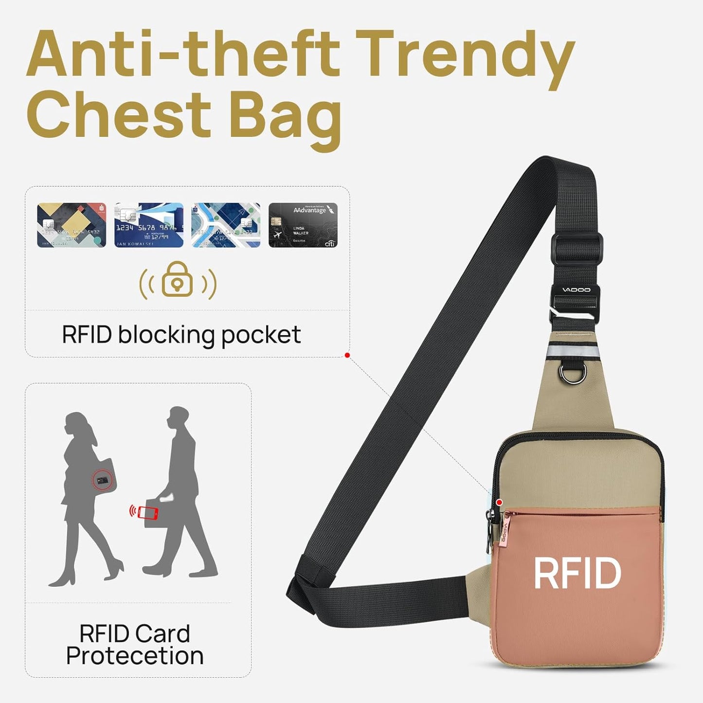 VADOO Mini Sling Bag, Small Crossbody Bag with RFID Blocking for Women and Men, Lightweight Chest Phone Bag for Travel Casual,Khaki