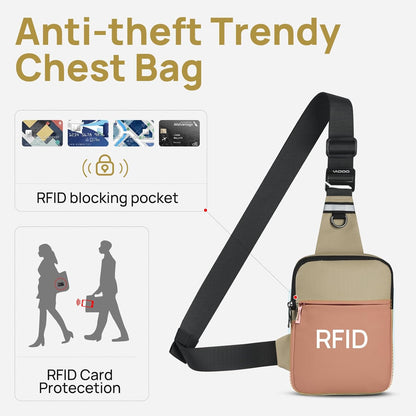 VADOO Mini Sling Bag, Small Crossbody Bag with RFID Blocking for Women and Men, Lightweight Chest Phone Bag for Travel Casual,Khaki