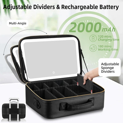 15“×11“Professional Makeup Train Case,Large Waterproof Travel Makeup bag with Mirror and Light, Leather Black Make up Bag with Mirror and Light,Led Makeup Case with Adjustable Dividers