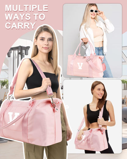 Initial Travel Duffel Bag Sports Gym Bag for Girls Teen Birthday Gifts,Pink Personalized Weekender Bag Carry On Tote Bags for Women Men,Waterproof Overnight Luggage Bag with Trolley Sleeve(Letter V)