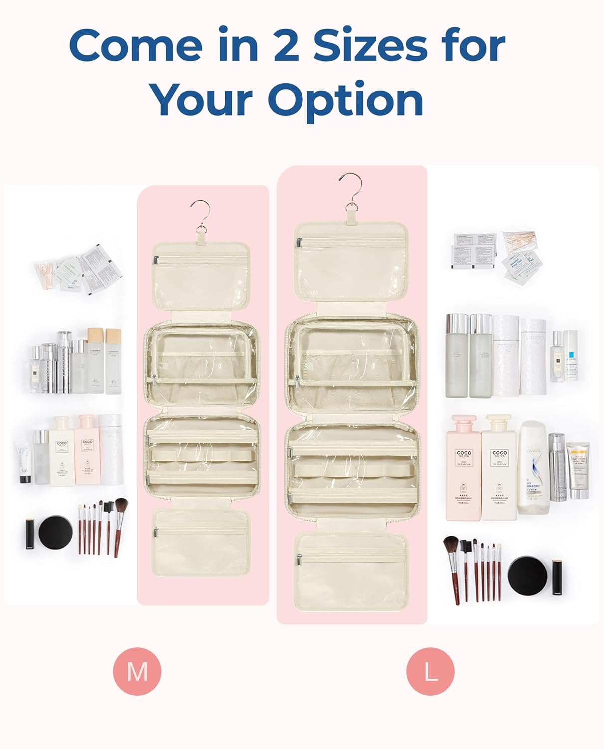 BAGSMART Travel Toiletry Bag with Jewelry Organizer, Hanging Travel Bag for Toiletries, Puffy Makeup Cosmetic Bag Organizer, Carry-on Travel Accessories Essentials, Beige-L