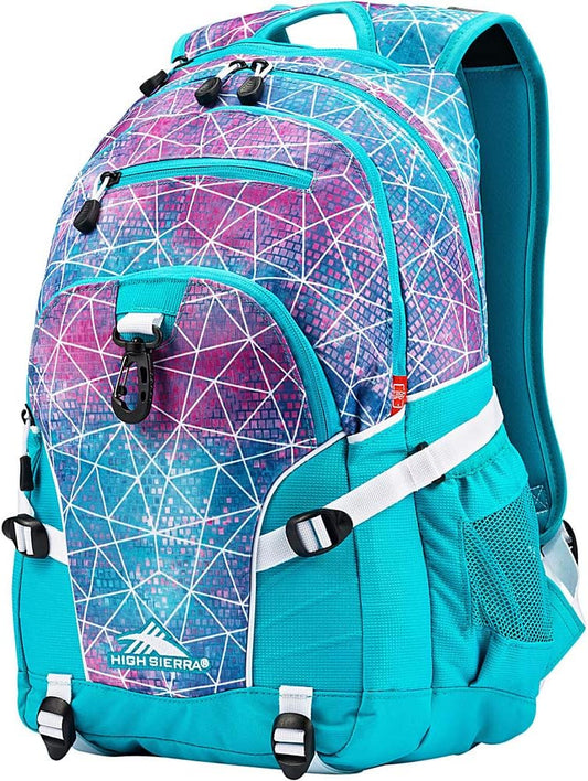 High Sierra Loop Backpack, Travel, or Work Bookbag with tablet sleeve, One Size, Sequin Facets/Bluebird/White