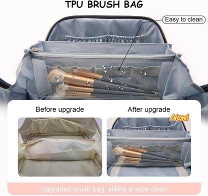 Travel Makeup Bag Organizer Cosmetic Bag: 3 Pcs Set Make up Bags for Women with Handle - Waterproof Vegan Leather Toiletry Bags with Comparments (C-05-Pink)