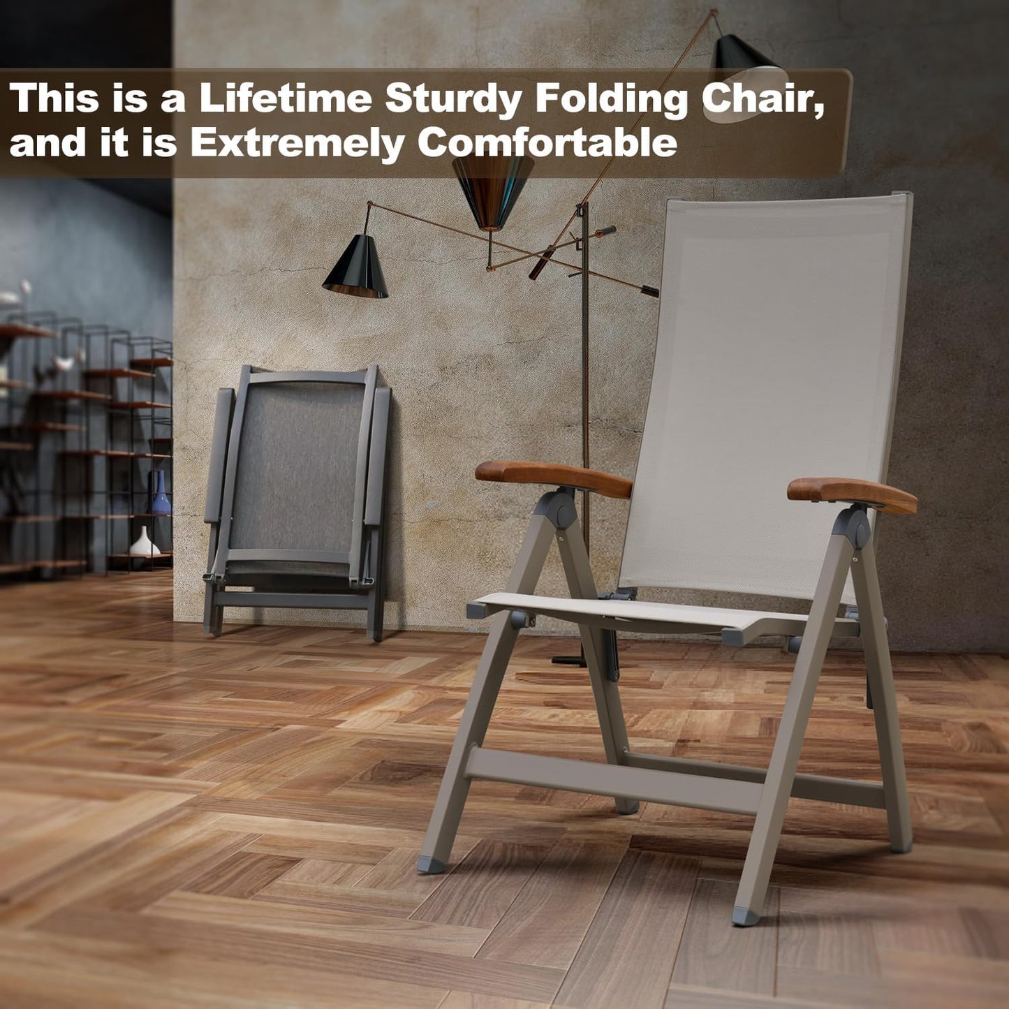 Adjustable Folding Chair, Indoor & Outdoor Balcony, Patio Porch, Garden Lawn, Pool, for Comfortable Foldable Chairs, Portable Cozy Recliner, Metal Frame with Teak armrest, Durable