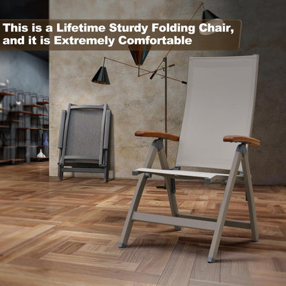 Adjustable Folding Chair, Indoor & Outdoor Balcony, Patio Porch, Garden Lawn, Pool, for Comfortable Foldable Chairs, Portable Cozy Recliner, Metal Frame with Teak armrest, Durable