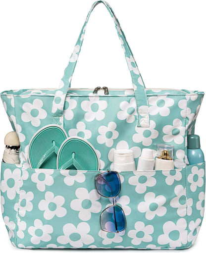 LEDAOU Large Beach Tote Bag Women Waterproof Sandproof Zipper Beach Tote Bag for Pool Gym Grocery Travel with Wet Pocket