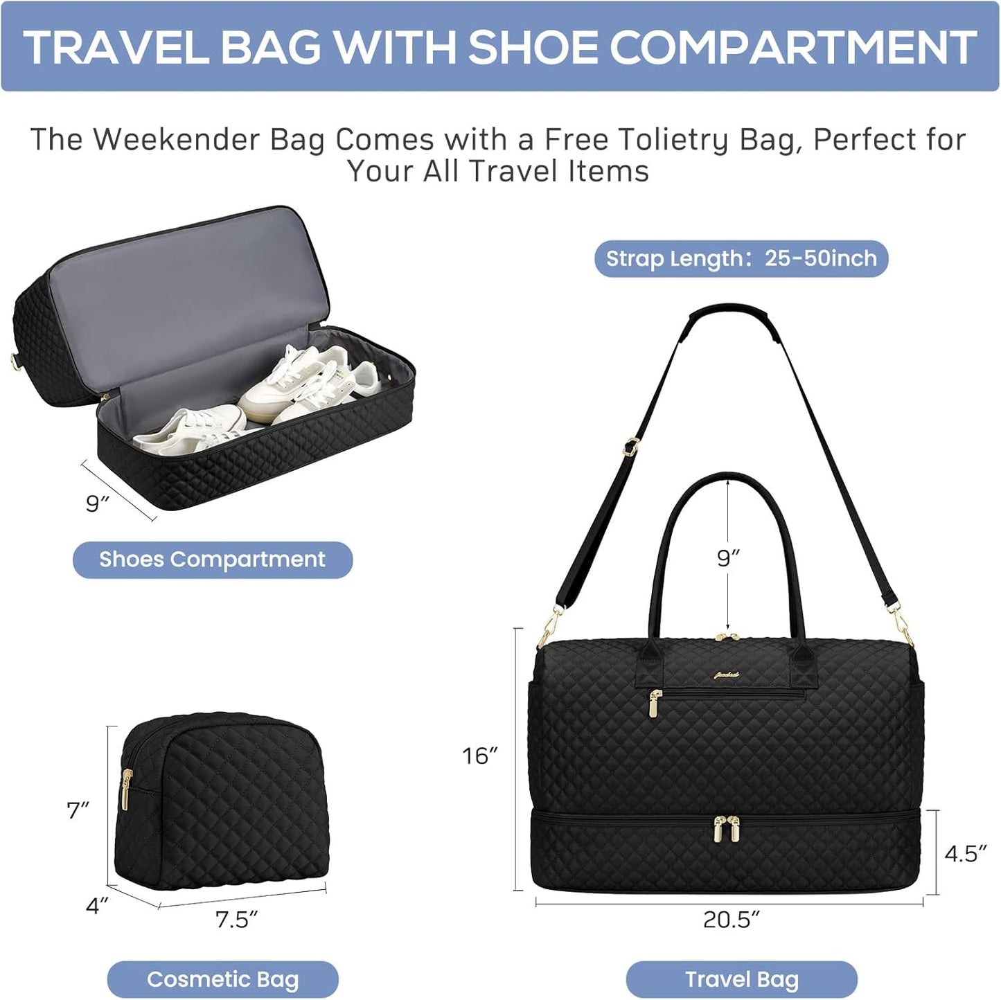 Travel Weekender Bags for Women - Duffle Bag Women with Shoe Compartment Carry On Overnight Bag with Toiletry Bag Duffel Bags with Wet Pocket for Gym Hospital Bags for Labor and Delivery Black