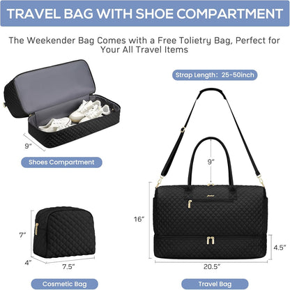 Travel Weekender Bags for Women - Duffle Bag Women with Shoe Compartment Carry On Overnight Bag with Toiletry Bag Duffel Bags with Wet Pocket for Gym Hospital Bags for Labor and Delivery Black