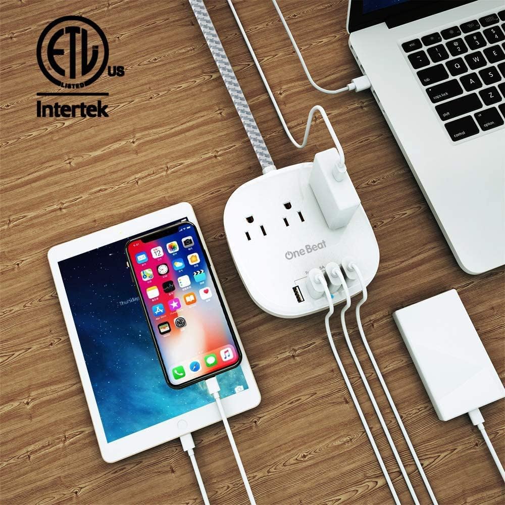 Desktop Power Strip with 3 Outlet 4 USB Ports 4.5A, Flat Plug and 10 ft Long Braided Extension Cords for Cruise Ship Travel Home Office, ETL Listed