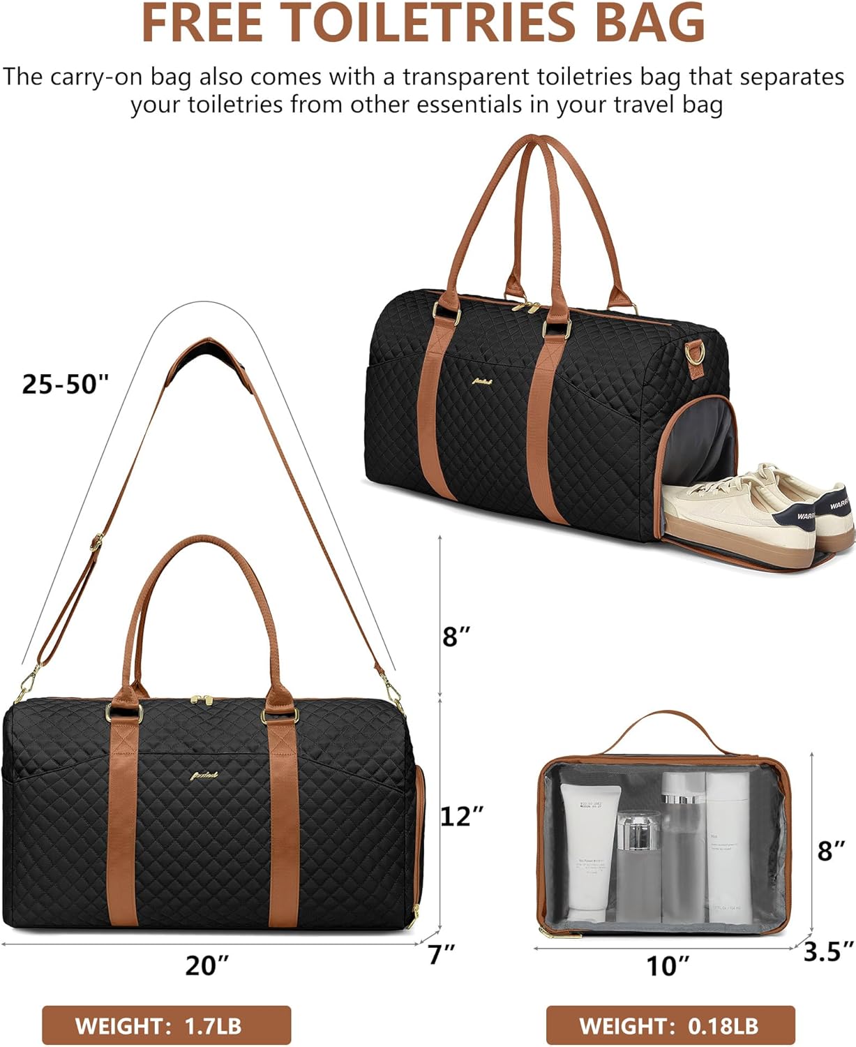 Women Duffle Weekender Travel Bag: Large Duffel Bags with Shoe Compartment Carry On Overnight Tote with Wet Pocket Traveling Weekend Gym Yoga Hospital Bag for Womens Black Brown