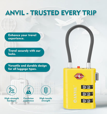 ANVIL TSA Approved Luggage Locks – High Security TSA008 Combination Travel Locks with Inspection Indicator for Suitcases and Backpacks. (2, Yellow)