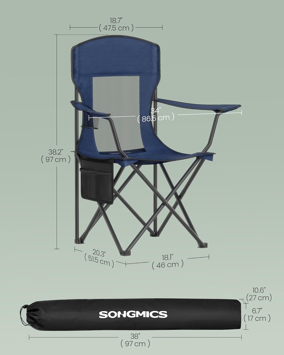 SONGMICS Breathable Camping Chairs, Foldable Outdoor Chairs Set of 2, High Back, Adjustable Armrests, Drink Holder, Weight Capacity 330 lb, for Sports Garden Backyard, Harbor Blue UGCB028Q01