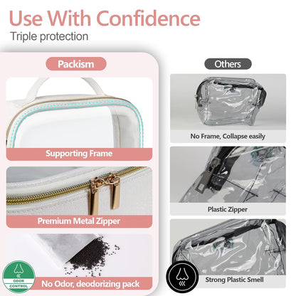 PACKISM TSA Approved Toiletry Bag - Glitter Textured Clear Toiletry Bag, Personalized and Fashion, with 180° Large Opening and Supporting Frame, Perfect for Travel Essentials, Thick No Smell, White