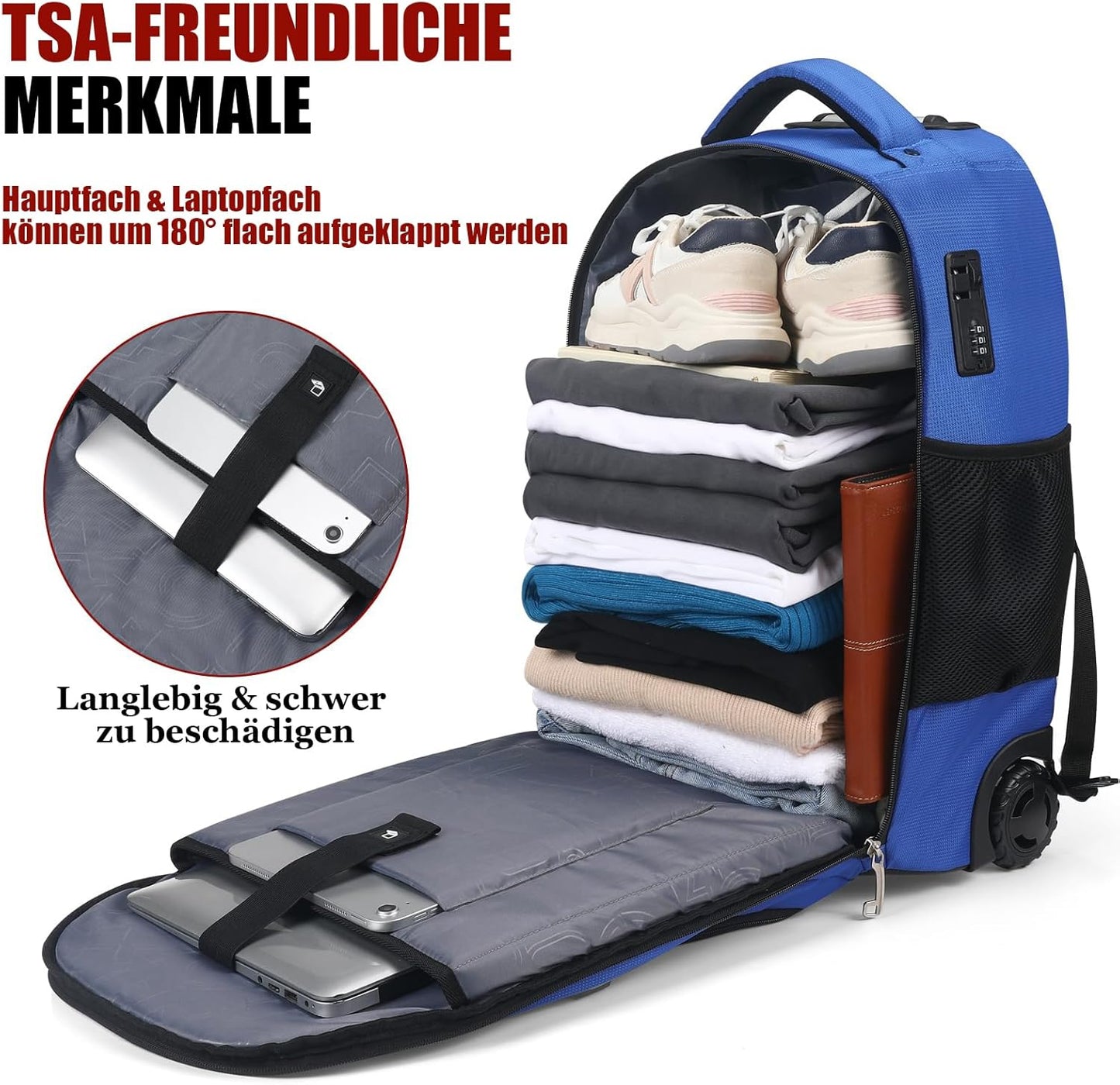 star cloud 21x14x9 Rolling Backpack with Wheels - Water-Resistant, 17.3" Laptop Compartment, Ideal Carry-On for Overnight Travel, College, Work - Wheeled Business Backpack for Adults (Blue)