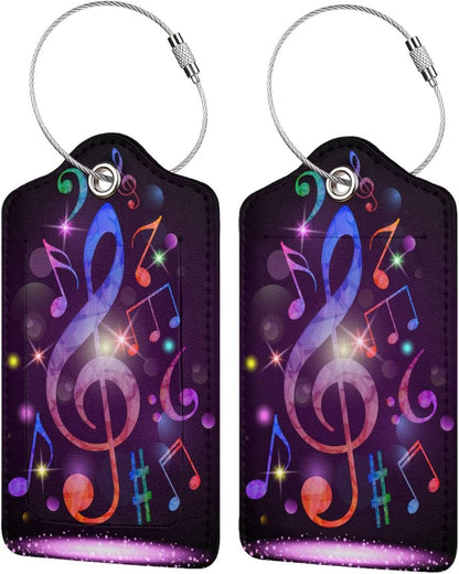 Set of 2 Music Note Luggage Tags with Full Back Privacy Suitcase Labels Identifiers, Colorful Purple PU Leather Baggage Tags for Music Lovers Women Men Girls Boys Travel