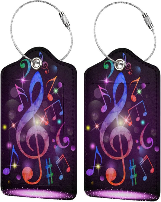 Set of 2 Music Note Luggage Tags with Full Back Privacy Suitcase Labels Identifiers, Colorful Purple PU Leather Baggage Tags for Music Lovers Women Men Girls Boys Travel