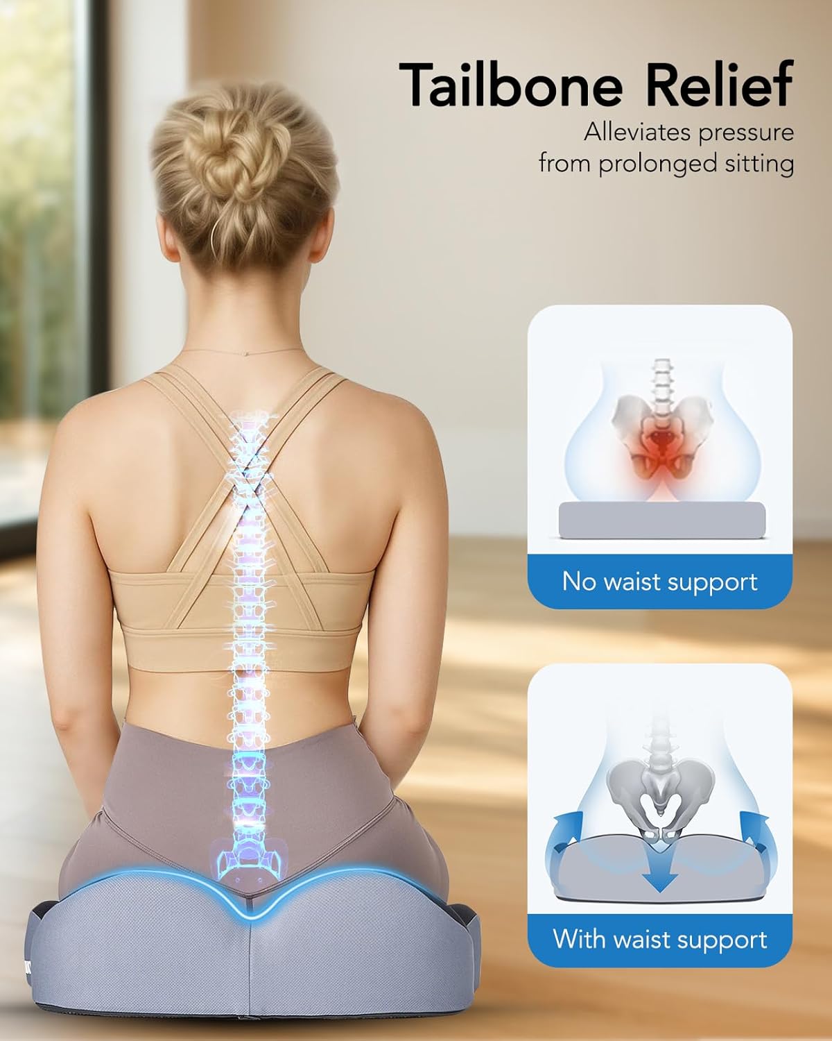 HUANUO Office Seat Cushion for Tailbone Support, High-Density Memory Foam Cushion, Breathable Coccyx Cushion, Non-Slip Bottom for Sciatica Relief, Perfect for Office, Car, and Wheelchair