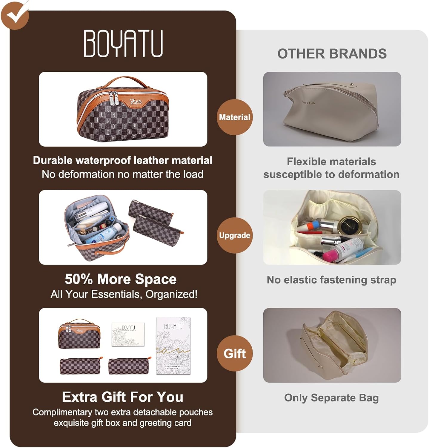 BOYATU Travel Makeup Bag Cosmetic Bags for Women: 3 Pcs Set Portable Make up Bag with Handle - Vegan Leather Toiletry Bags with Compartments - Makeup Organizer for Travel Essentials(02-Brown)