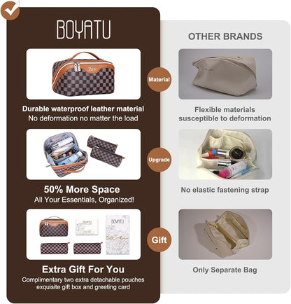 BOYATU Travel Makeup Bag Cosmetic Bags for Women: 3 Pcs Set Portable Make up Bag with Handle - Vegan Leather Toiletry Bags with Compartments - Makeup Organizer for Travel Essentials(02-Brown)