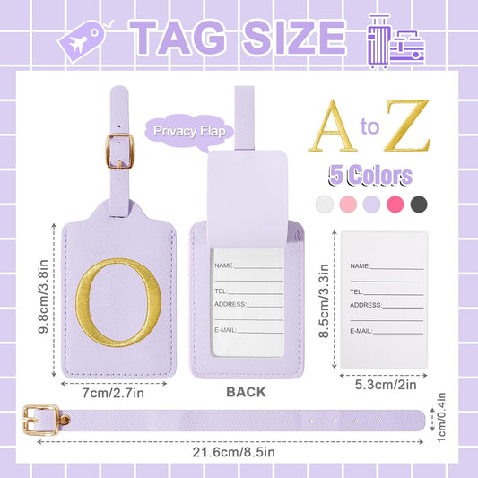 Personalized Initial Luggage Tags for Suitcase, Purple Leather Cute Luggage Tags with Privacy Cover Name Card, Embroidered Custom Monogrammed Luggage Tag Travel Backpack Tags Gifts for Women Kids(O)