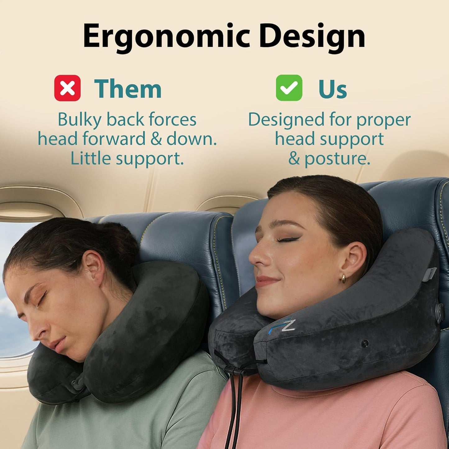 Air Inflatable Neck Pillow for Traveling on Plane - H-Shape Hooded Airplane Pillow with 5 Snooze Modes, Fast Inflation, Pressure Control, Cozy Clip-On Hood & Plushy Cover - Size L, Jet Black