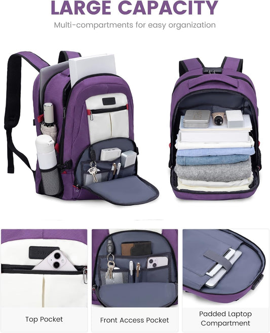 LOVEVOOK Travel Laptop Backpack Waterproof Anti Theft Backpack with Lock and USB Charging Port Large Computer Business Backpack for Women College Backpack (17 inch,Purple & White