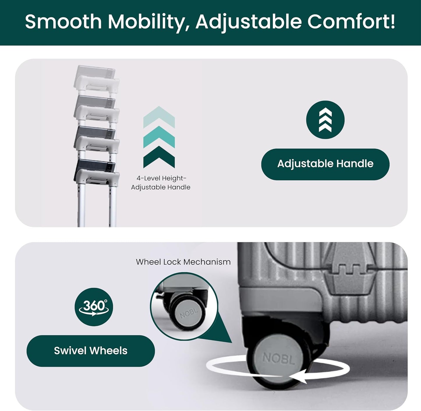 Nobl Travel Carry On Luggage, Noble Zipperless Aluminum Frame PC Hard Shell Suitcase, 20.8"x15"x8.7" Airline Approved, 360° Spinner Wheels, TSA Locks, USB Charging Port, Cup & Phone Holder - Silver