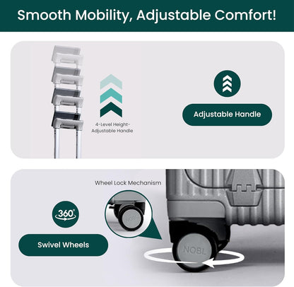 Nobl Travel Carry On Luggage, Noble Zipperless Aluminum Frame PC Hard Shell Suitcase, 20.8"x15"x8.7" Airline Approved, 360° Spinner Wheels, TSA Locks, USB Charging Port, Cup & Phone Holder - Silver