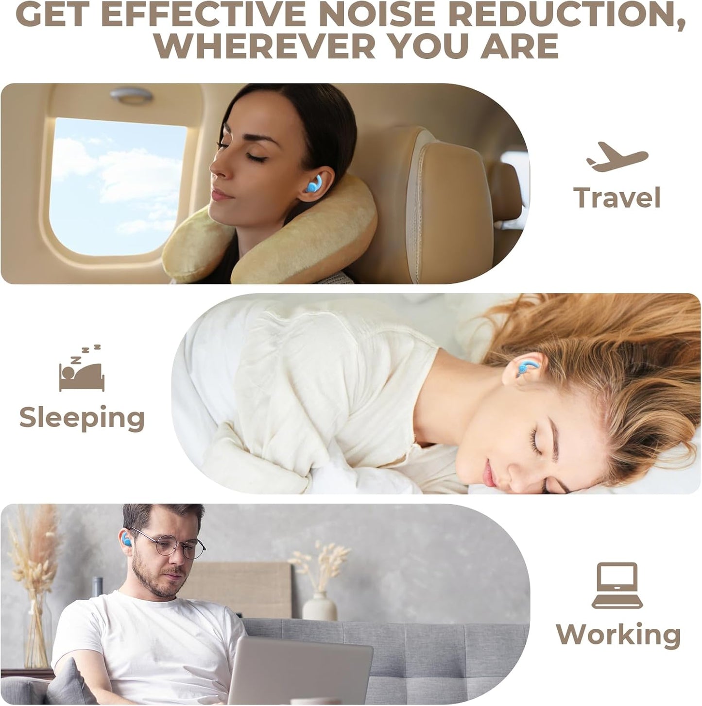 Ear Plugs for Sleeping: Reusable Earplugs for Sleep, Snoring Blocking, Concert, Travel, Airplane, 2 Pairs Washable Soft Silicone Noise Cancelling Ear Plugs (Light Blue)