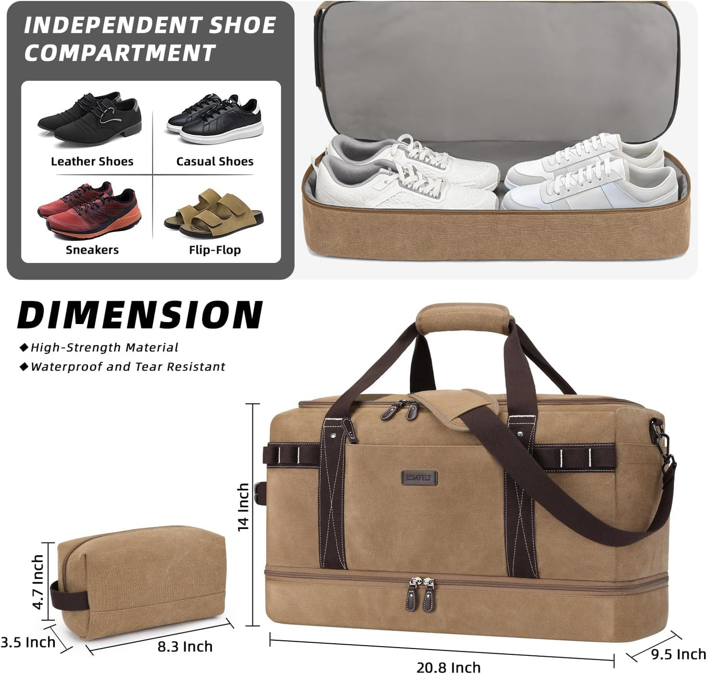 ZOMFELT Travel Duffle Bag for Men, Waterproof Canvas Overnight Duffel Bag with Removable Dividers & Shoe Compartment, Carry On Weekender Gym bag, Multi-Pocket & Vintage Design (Washed Brown)