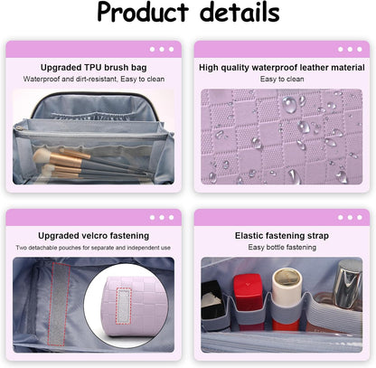 Travel Makeup Bag Organizer Cosmetic Bag: 3 Pcs Set Make up Bags for Women with Handle - Waterproof Vegan Leather Toiletry Bags with Comparments (C-01-Purple)