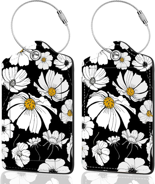 2Pack Luggage Tags for Suitcases, Cute Unique Pu Leather Cruise Luggage Tag with Privacy Cover ID Label Address Card and Metal Ring Suitable for Women Men Kids Travel Bag White Flowers