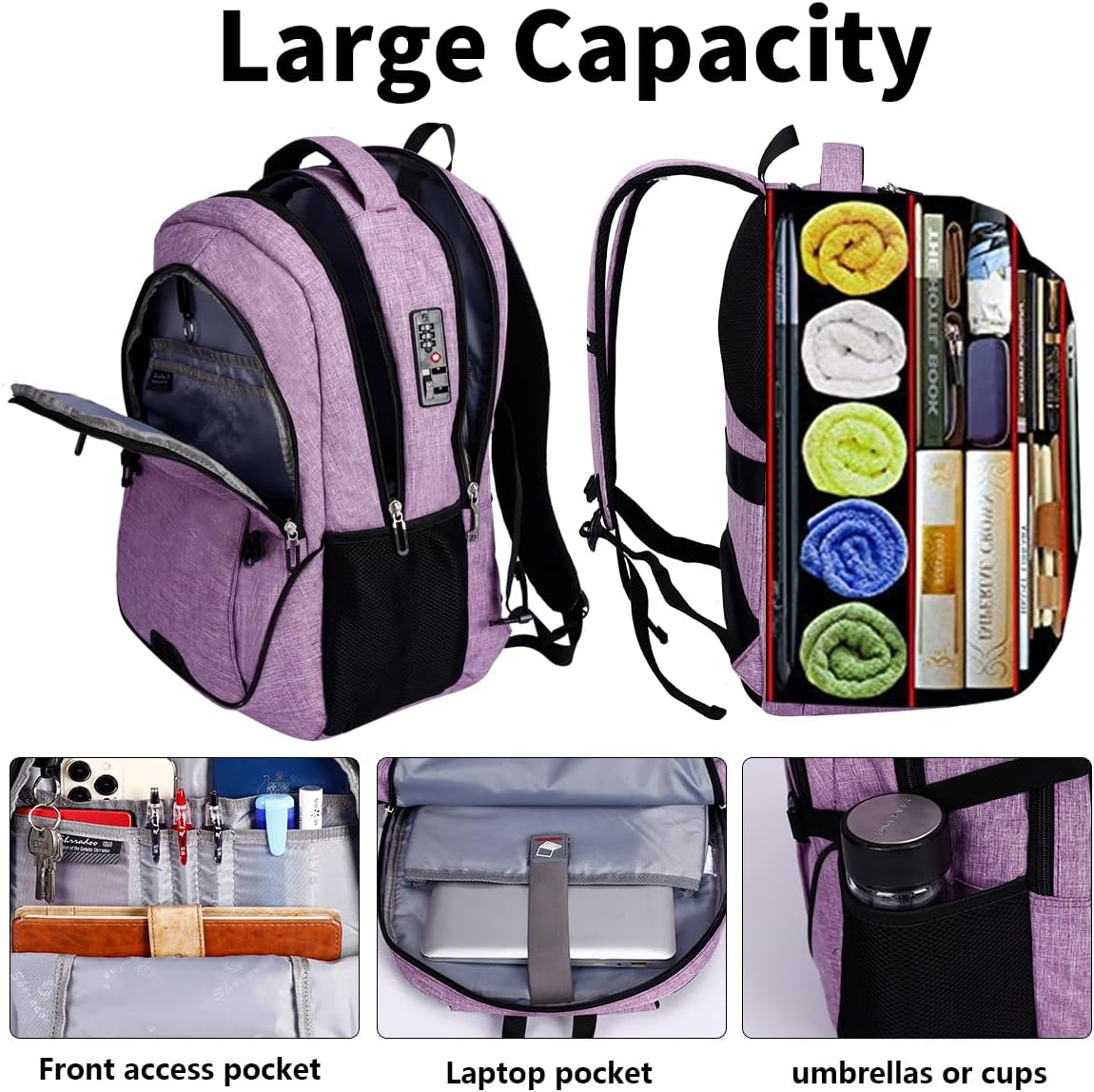 SHRRADOO Anti Theft Laptop Backpack Travel Backpacks with usb Charging Port for Women Men High School College Backpack Computer Bag Fits 17 Inch Laptop,Purple