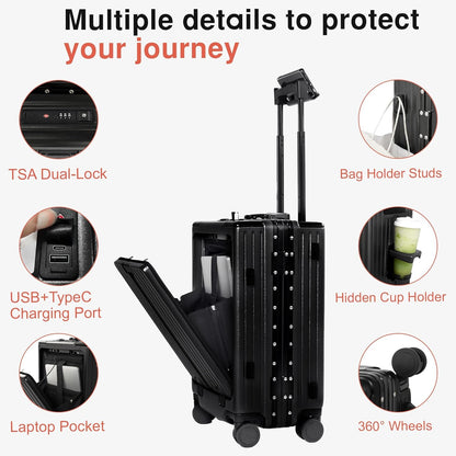 24 Inch Check-In Luggage Aluminum Frame Zipperless Luggage, Hard Shell Suitcase TSA Approved Checked Luggage, ABS+PC Lightweight Zipperless Suitcase with Spinner Wheels (Black)