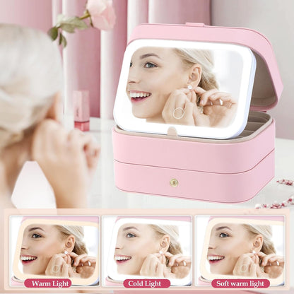 Travel Jewelry Case with LED Lighted Mirror, Personalized Birthday Gifts for Women Girls Kids, 2-Layer Portable Travel Jewelry Organizer, Travel Essentials (Pink)