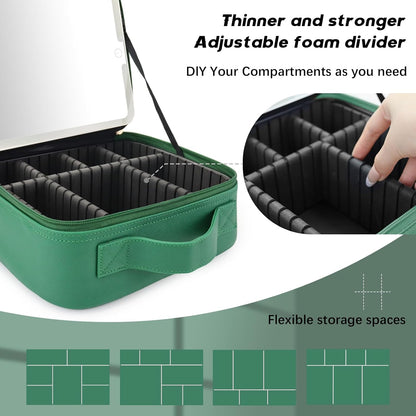 Makeup Bag with Led Mirror,Travel Makeup Organizer with 3 Color Setting, Portable Storage and Adjustable Dividers Travel Makeup Bag(Dark green)
