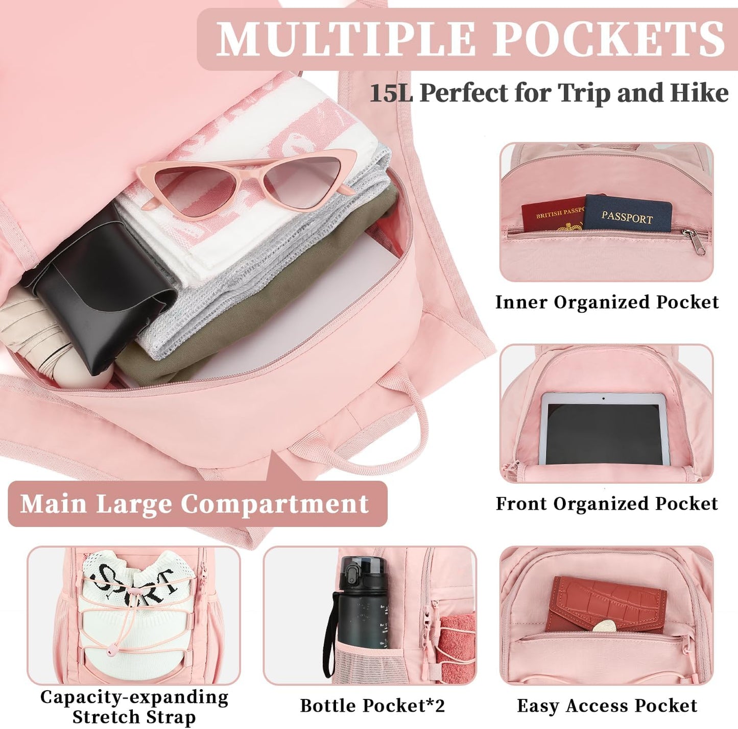 ZOMFELT Hiking Backpack for Women Men, 15L Lightweight Packable Backpack for Trip, Water Resistant Small Travel Backpacks, Foldable daypack for Hiking, Walking, Cycling, Camping, Pink