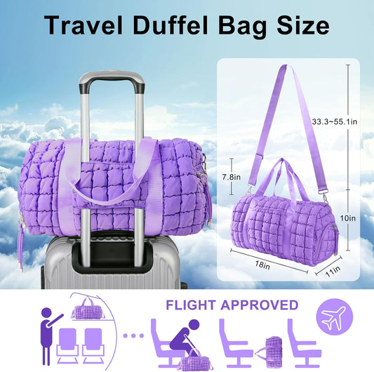 Quilted Travel Duffle Bag Gym Bag for Women,Large Puffer Duffle Weekender Bag with Compartment,Workout Overnight Carry on Organizer Bag Duffle Bag for Airplane Travel(Purple)